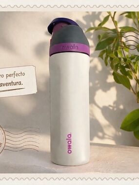Owala White Water Bottle with Purple Accents